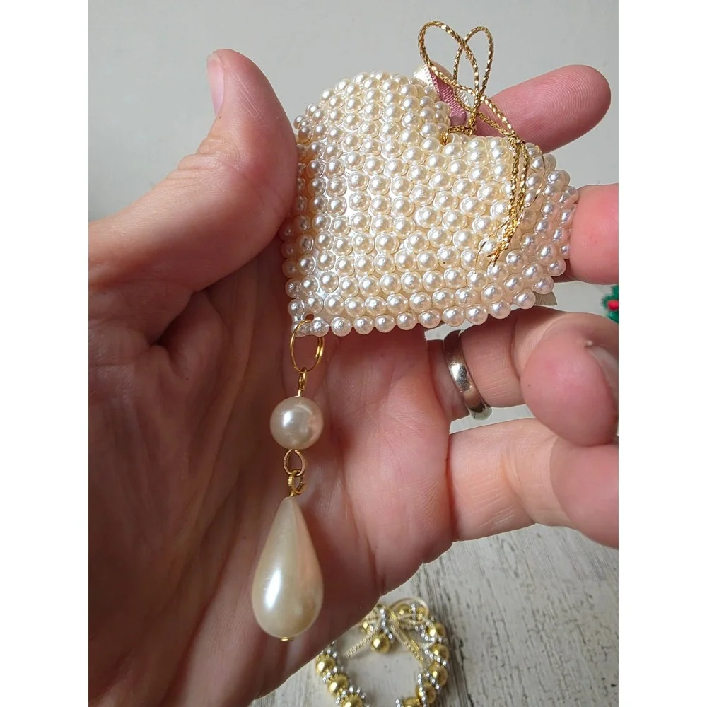 Vintage heart beaded ornament gold pink pearl Xmas tree